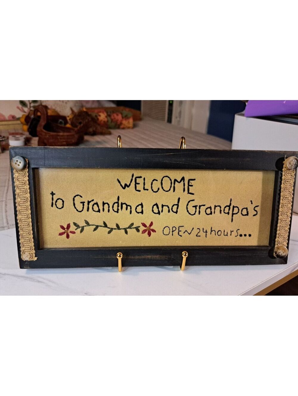 Hand-Stitched Rustic Wooden Wall Plaque w/ Black Distressed Frame
